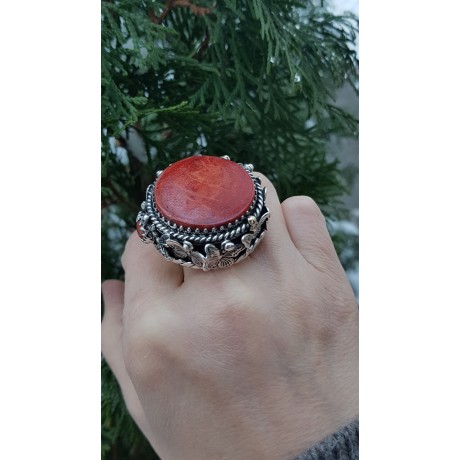 Large Sterling Silver ring and natural coral stone Biography of Scarlet, Bijuterii de argint lucrate manual, handmade