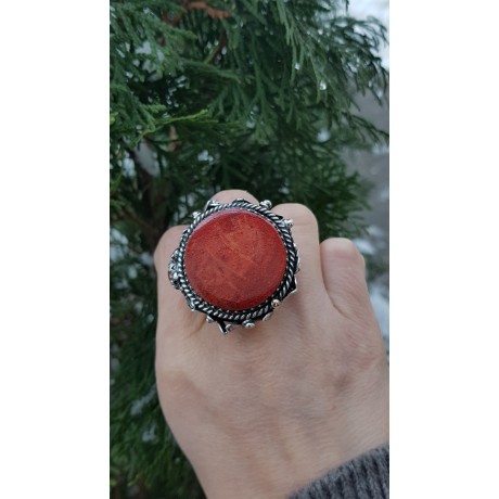 Large Sterling Silver ring and natural coral stone Biography of Scarlet, Bijuterii de argint lucrate manual, handmade