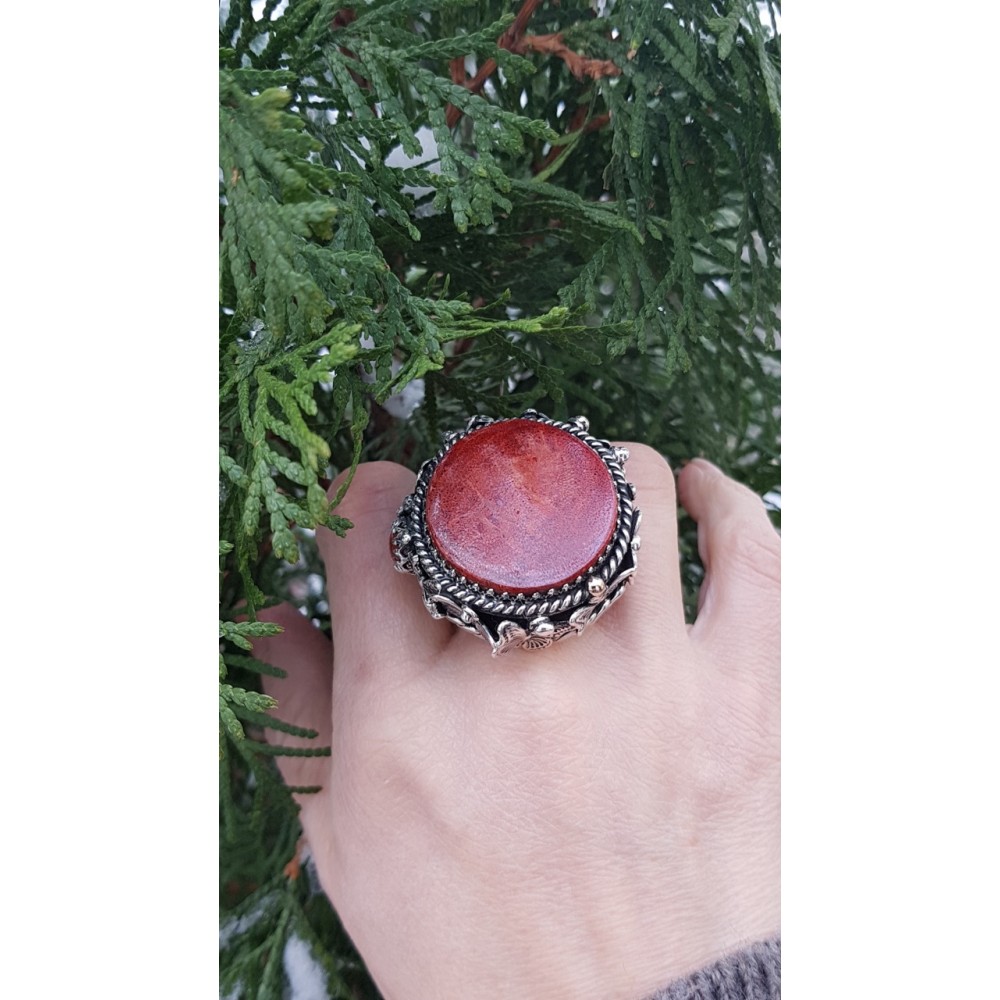 Large Sterling Silver ring and natural coral stone Biography of Scarlet