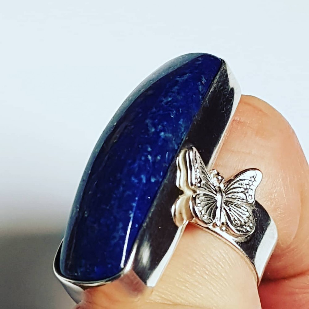 Massive Sterling silver ring with natural lapislazuli Butterflowers