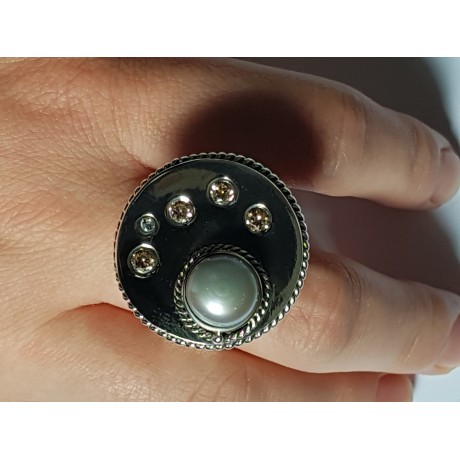 Ring made entirely by hand in solid Ag925 silver and citrine and cultured pearl SpellingWonders, Bijuterii de argint lucrate manual, handmade