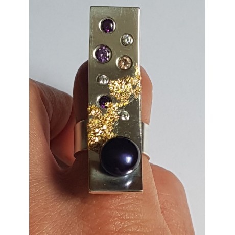 Handmade ring in Ag925massive silver, cultured pearl, amethysts and zircons and 18k gold leaf Gotitfirst, Bijuterii de argint lucrate manual, handmade