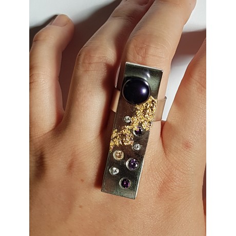 Handmade ring in Ag925massive silver, cultured pearl, amethysts and zircons and 18k gold leaf Gotitfirst, Bijuterii de argint lucrate manual, handmade