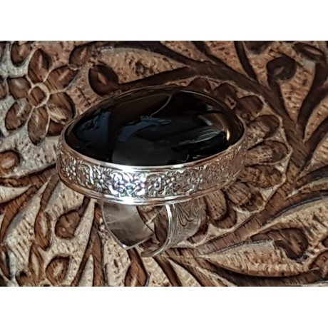 LARGE handmade ring in hand-engraved Ag925 silver and Obsidian natural rainbow Myriad Sheen, Bijuterii de argint lucrate manual, handmade