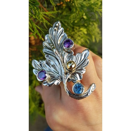 Sterling silver ring, aquamarine & Amethyst Royal Leave, Bijuterii de argint lucrate manual, handmade