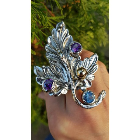 Sterling silver ring, aquamarine & Amethyst Royal Leave, Bijuterii de argint lucrate manual, handmade