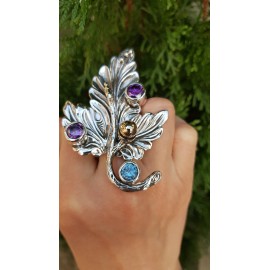 Sterling silver ring, aquamarine & Amethyst Royal Leave