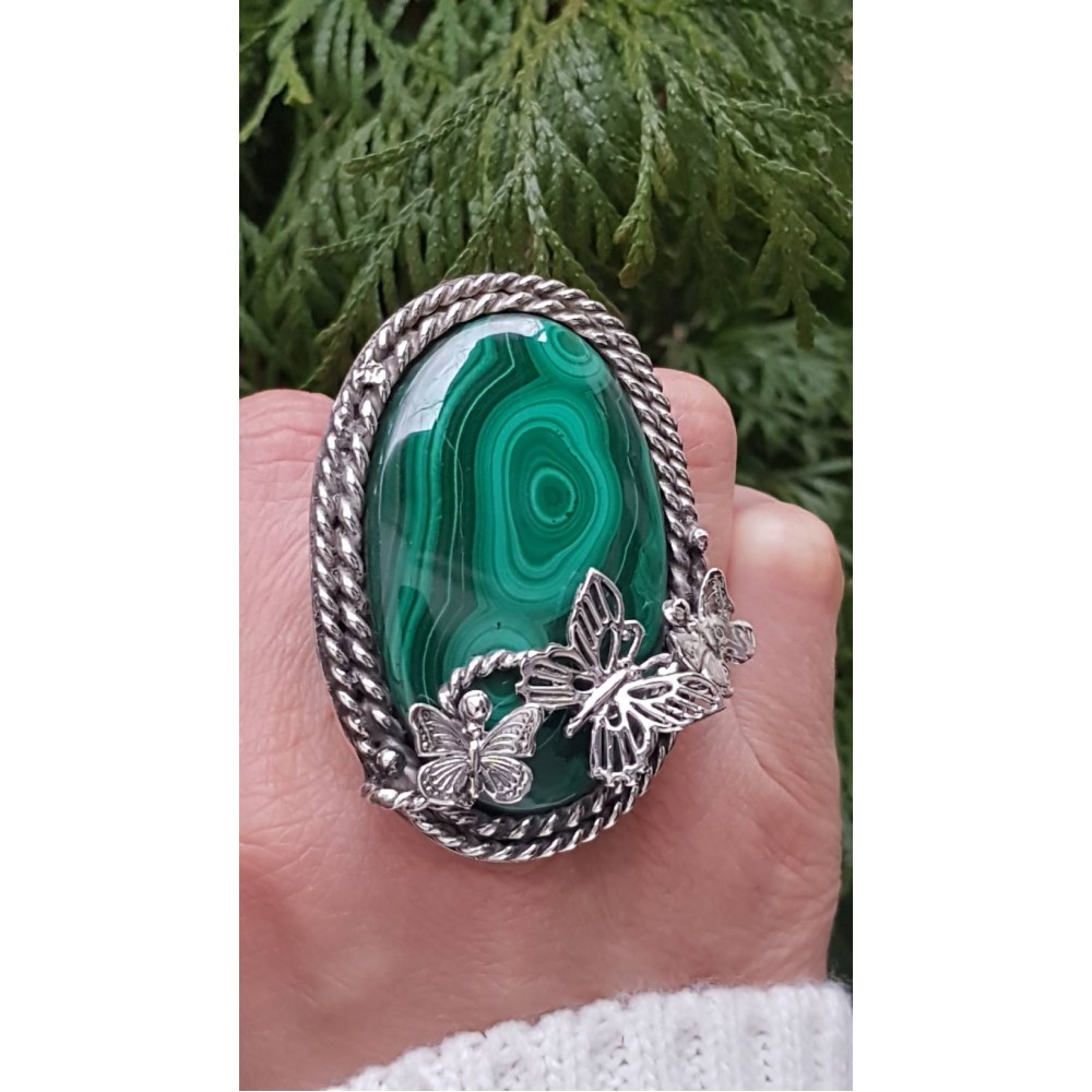 Large Sterling silver ring and natural malachite stone BigGreenQueen