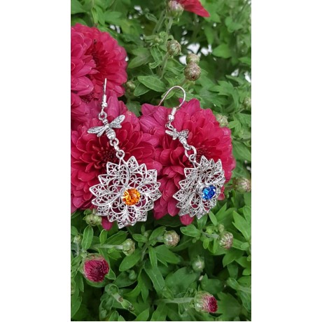 Sterling silver earrings Bees & Flowers, Bijuterii de argint lucrate manual, handmade