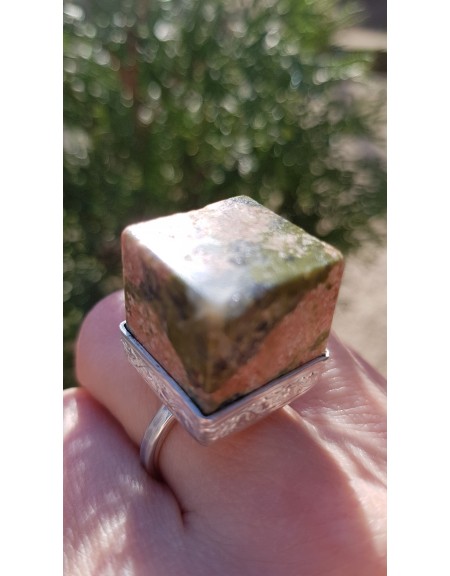 Unique ring entirely handmade in solid Ag925 silver and natural unakite, Bijuterii de argint lucrate manual, handmade
