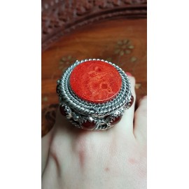 Large Sterling Silver ring with natural coral stone and carnelian Red Dome