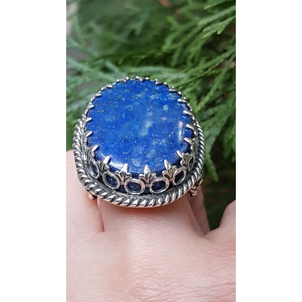 Sterling silver ring with natural angelite stone and lapislazuli