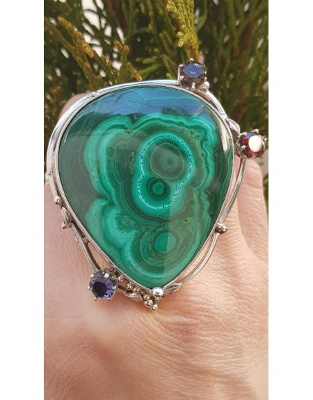 Unique ring entirely handmade in solid Ag925 silver, natural malachite, garnet, smoky quartz and natural amethyst Thoroughly Inebriated, Bijuterii de argint lucrate manual, handmade