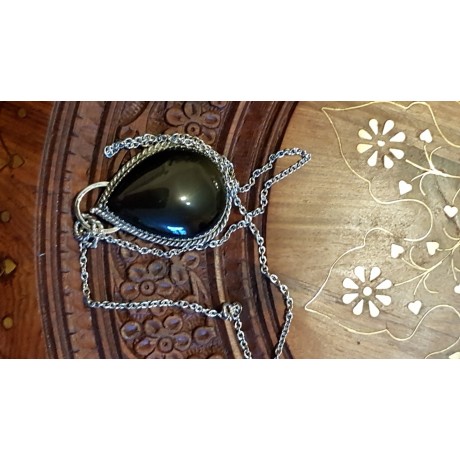 Sterling silver necklace and natural Obsidian stone, Bijuterii de argint lucrate manual, handmade