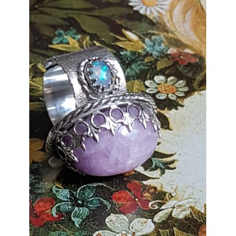Sterling silver ring, kunzite and fire opals Contessina, Bijuterii de argint lucrate manual, handmade