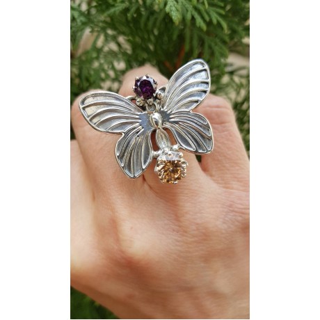 Inel unicat lucrat integral manual în argint Ag925 masiv, ametist și citrin dalloz Baby Butterfly, Bijuterii de argint lucrate manual, handmade