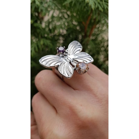 Inel unicat lucrat integral manual în argint Ag925 masiv, ametist și citrin dalloz Baby Butterfly