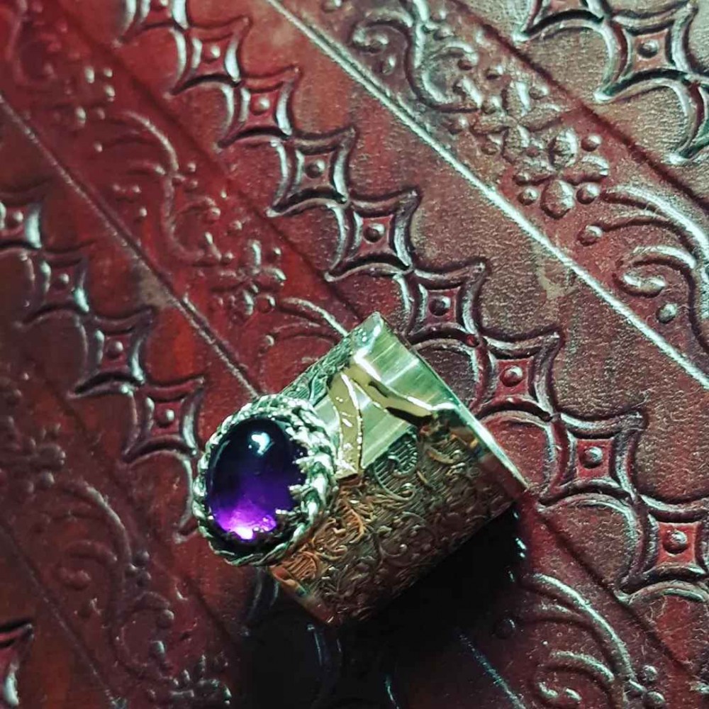 Sterling silver ring, gold and natural amethyst Purple Augustina