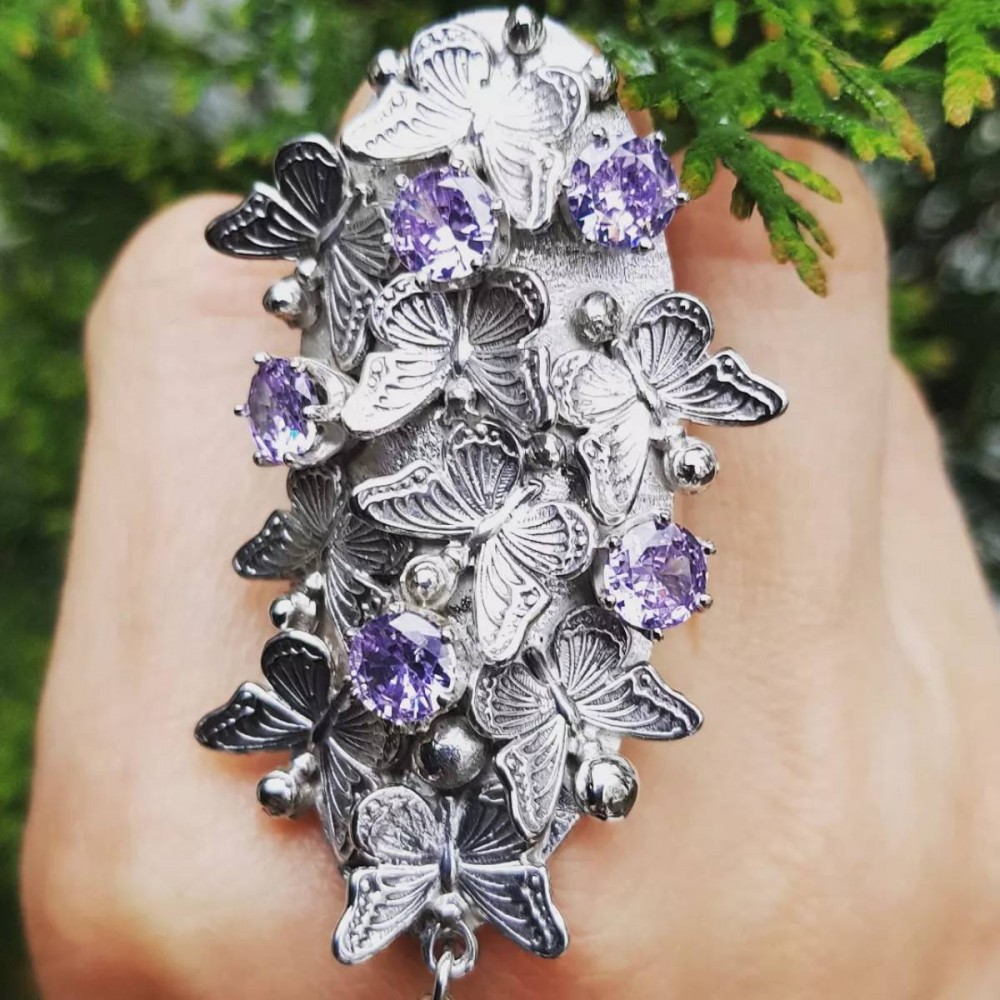 Sterling silver ring and amethyst Swarming Loves
