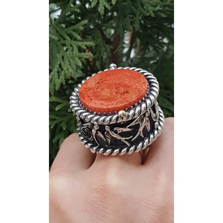 Sterling silver ring and natural coral stone, Bijuterii de argint lucrate manual, handmade
