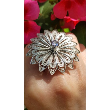 Sterling silver ring and amethyst Flower Puff, Bijuterii de argint lucrate manual, handmade