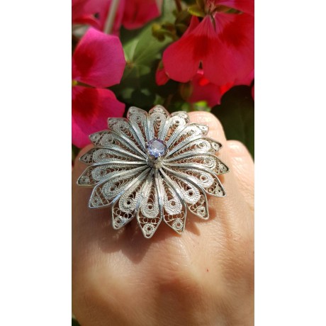 Sterling silver ring and amethyst Flower Puff, Bijuterii de argint lucrate manual, handmade