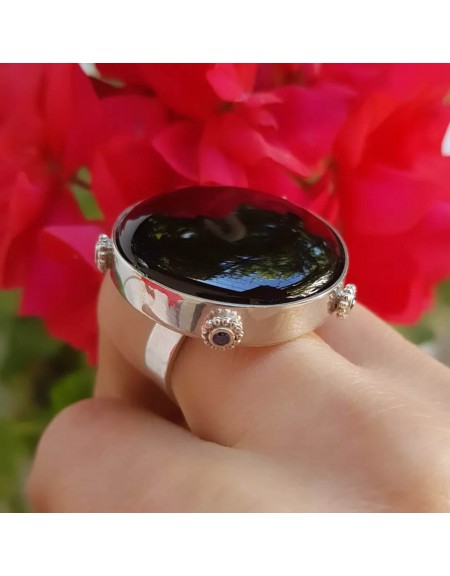 Unique ring entirely handmade in solid Ag925 silver, natural black onyx and Dalloz sapphires, Bijuterii de argint lucrate manual, handmade