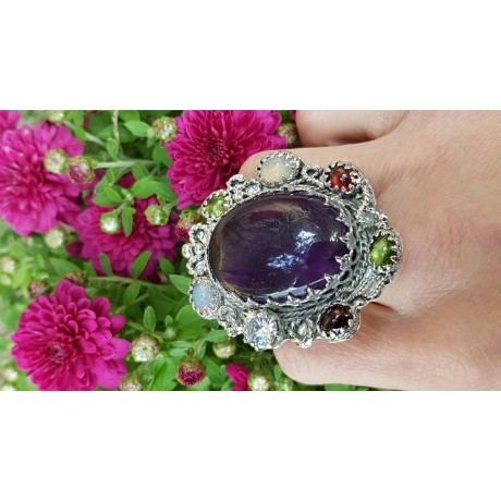Large Sterling silver ring ,natural amethyst , peridote, fire opal, garnet stones Staggering Beauty in Purple, Bijuterii de argint lucrate manual, handmade