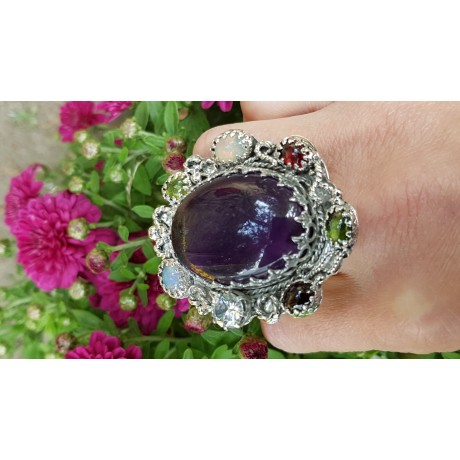 Large Sterling silver ring ,natural amethyst , peridote, fire opal, garnet stones Staggering Beauty in Purple, Bijuterii de argint lucrate manual, handmade