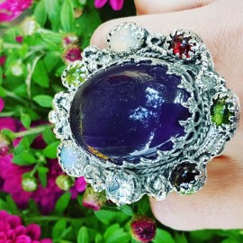 Large Sterling silver ring ,natural amethyst , peridote, fire opal, garnet stones Staggering Beauty in Purple