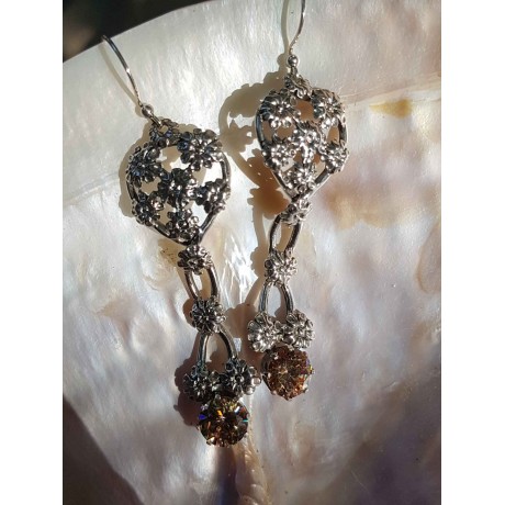 Sterling silver earrings and citrines Sunny Flowers, Bijuterii de argint lucrate manual, handmade