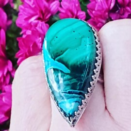 Sterling silver ring with natural malachite crysocola