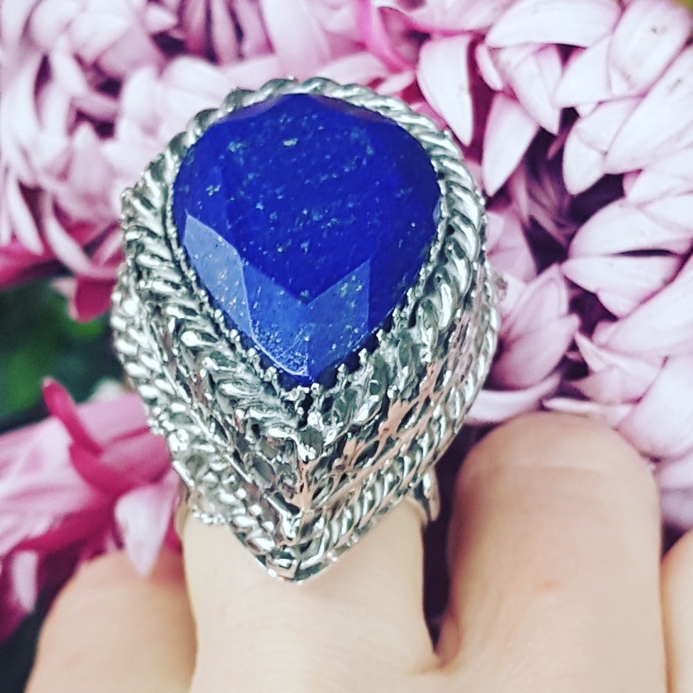 Large Sterling Silver ring and natural lapislazuli Blue Dome