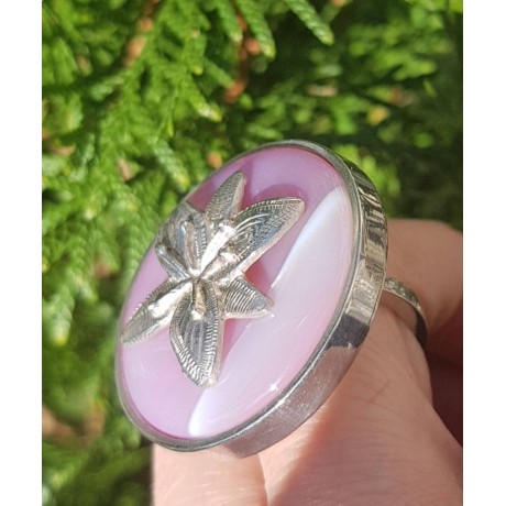 Inel unicat lucrat integral manual în argint Ag925 masiv și agat natural FlowerFeast in Pink