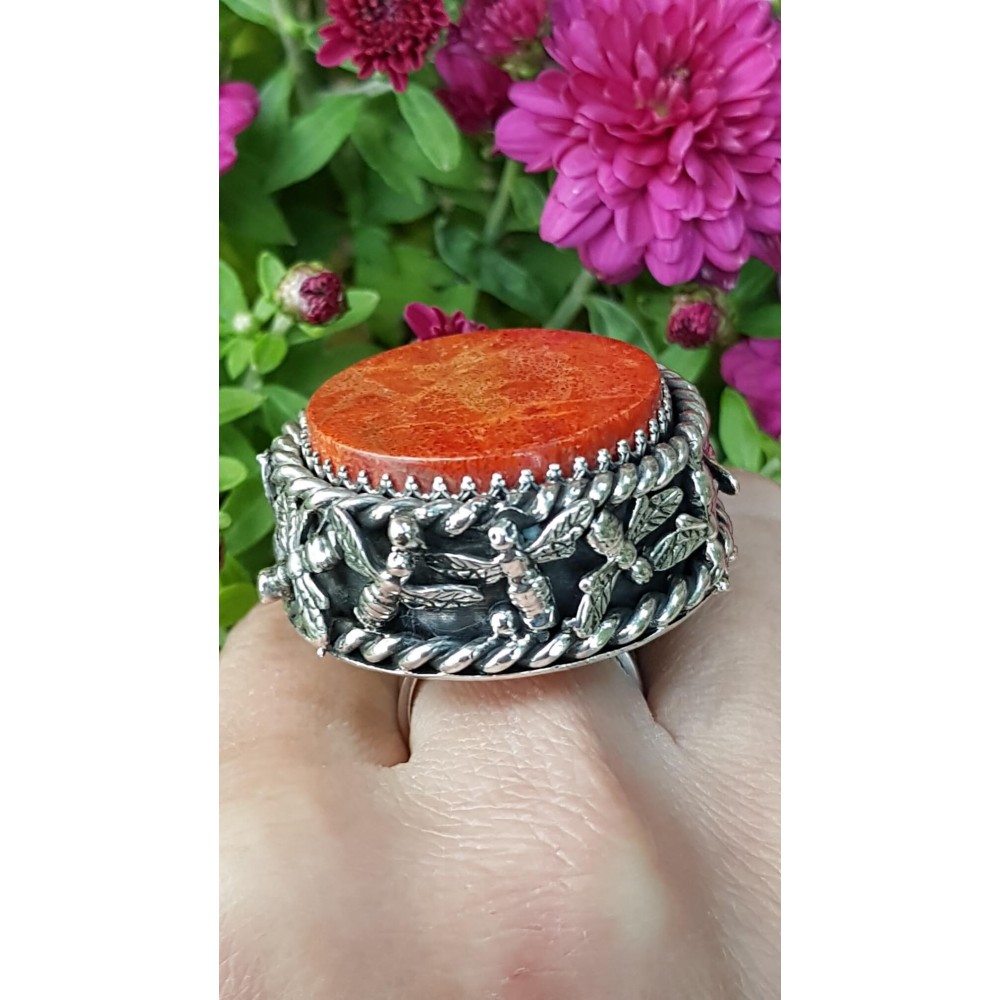 Sterling silver ring with natural coral stone Swarms & Tempests
