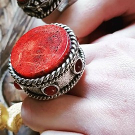 Sterling silver ring with natural coral stone Swarms & Tempests, Bijuterii de argint lucrate manual, handmade