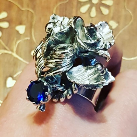 Sterling silver ring and Sapphire FlowerPick, Bijuterii de argint lucrate manual, handmade