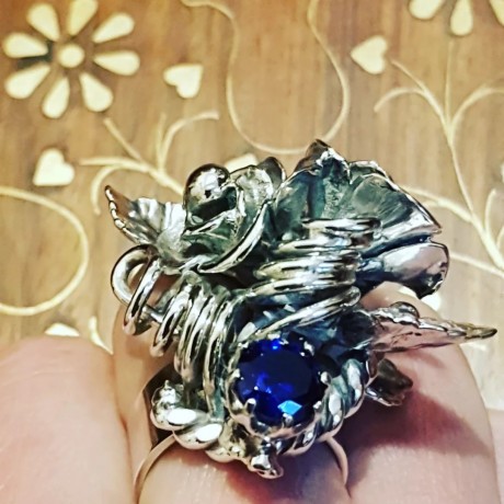 Sterling silver ring and Sapphire FlowerPick, Bijuterii de argint lucrate manual, handmade