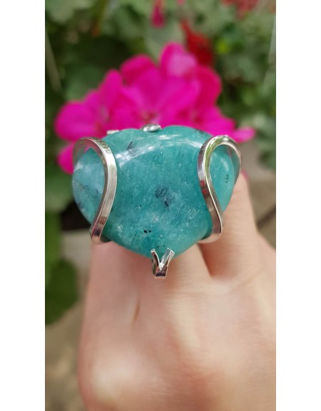 Unique ring entirely handmade in solid Ag925 silver and natural GrassyHearts amazonite, Bijuterii de argint lucrate manual, handmade