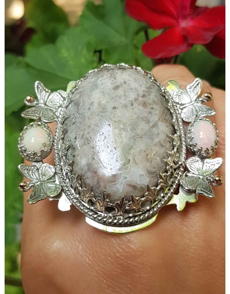Sterling silver ring, Agate and fire opals Augusta Magna, Bijuterii de argint lucrate manual, handmade