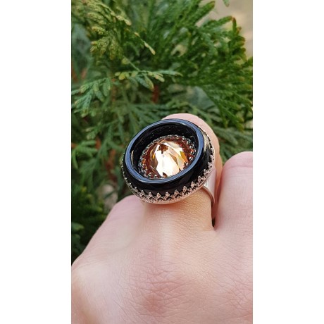 Sterling silver ring with natural onyx stone and citrine EyeofMystery, Bijuterii de argint lucrate manual, handmade
