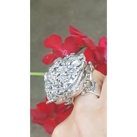 Sterling silver ring and gold Flower Haven, Bijuterii de argint lucrate manual, handmade