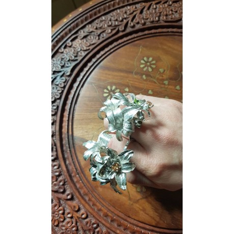 Sterling silver ring and citrine/peridote Flower Code, Bijuterii de argint lucrate manual, handmade