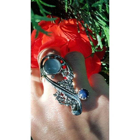 Vanity Baroque one-of-a-kind entirely handmade ring in solid Ag925 silver, cat's eye and lapis lazuli, Bijuterii de argint lucrate manual, handmade