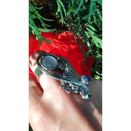 Vanity Baroque one-of-a-kind entirely handmade ring in solid Ag925 silver, cat's eye and lapis lazuli, Bijuterii de argint lucrate manual, handmade