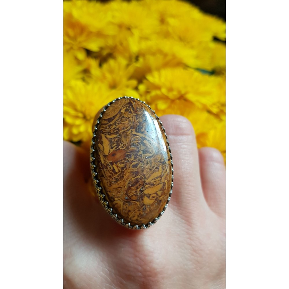Sterling silver ring with natural wood opal stone