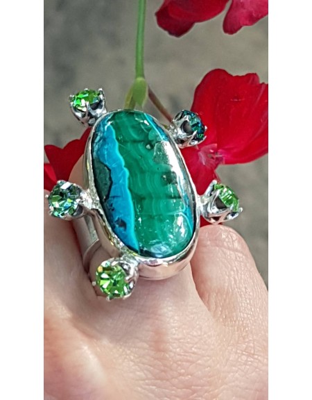 Unique ring entirely handcrafted in solid Ag925 silver, crystals and natural chrysocolla, Bijuterii de argint lucrate manual, handmade