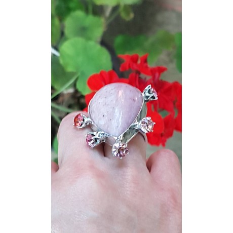 Unique ring entirely handcrafted in solid Ag925 silver, crystals and natural Pink Grace rhodochrosite, Bijuterii de argint lucrate manual, handmade
