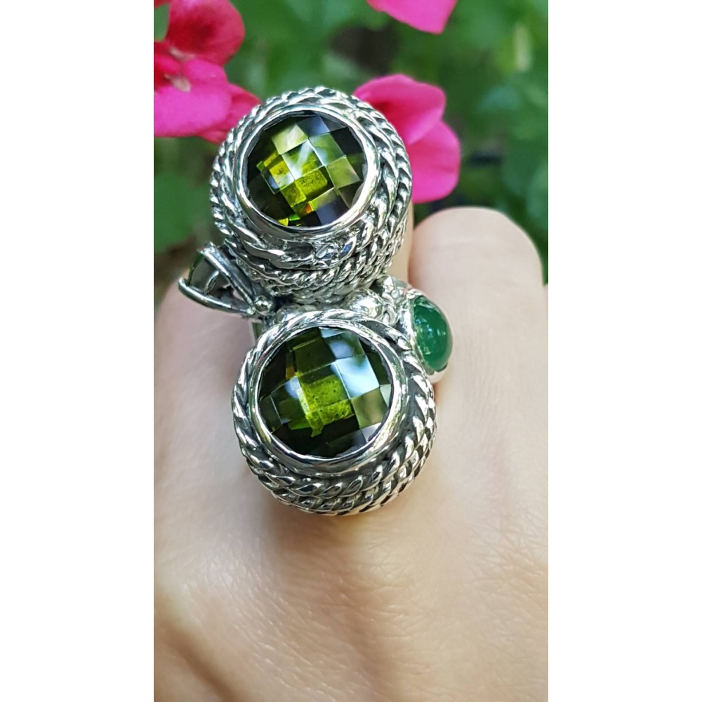 Sterling silver ring and crystals Green Fairie