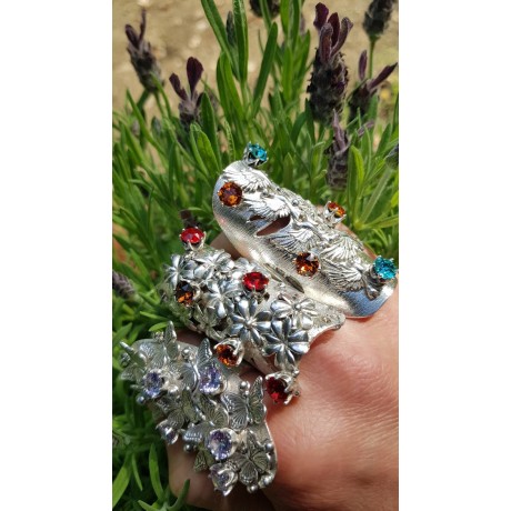 Unique handmade ring in solid Ag925 silver, gold flower and Swarovski flowers' Paradise crystals